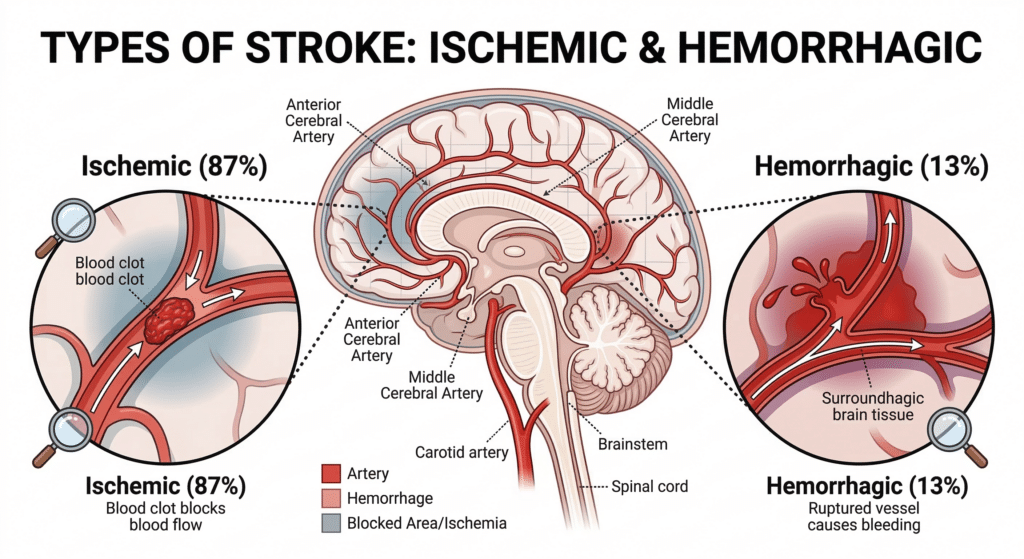 Medical illustration showing the connection between the carotid artery and the human brain.
