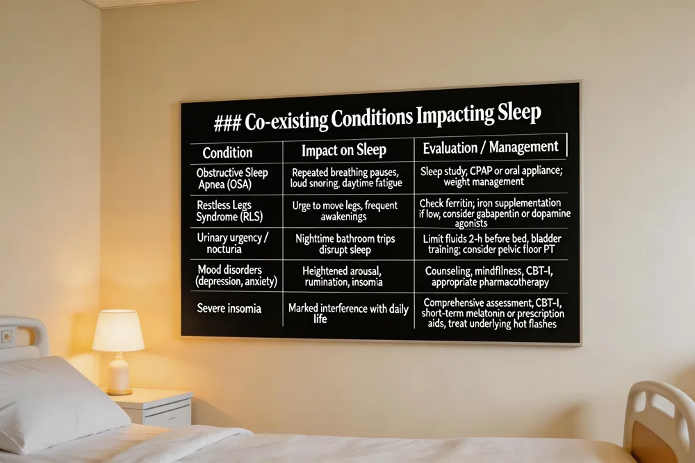 A graphic listing common medical conditions that co-occur with menopause and impact sleep quality, such as sleep apnea and restless leg syndrome.