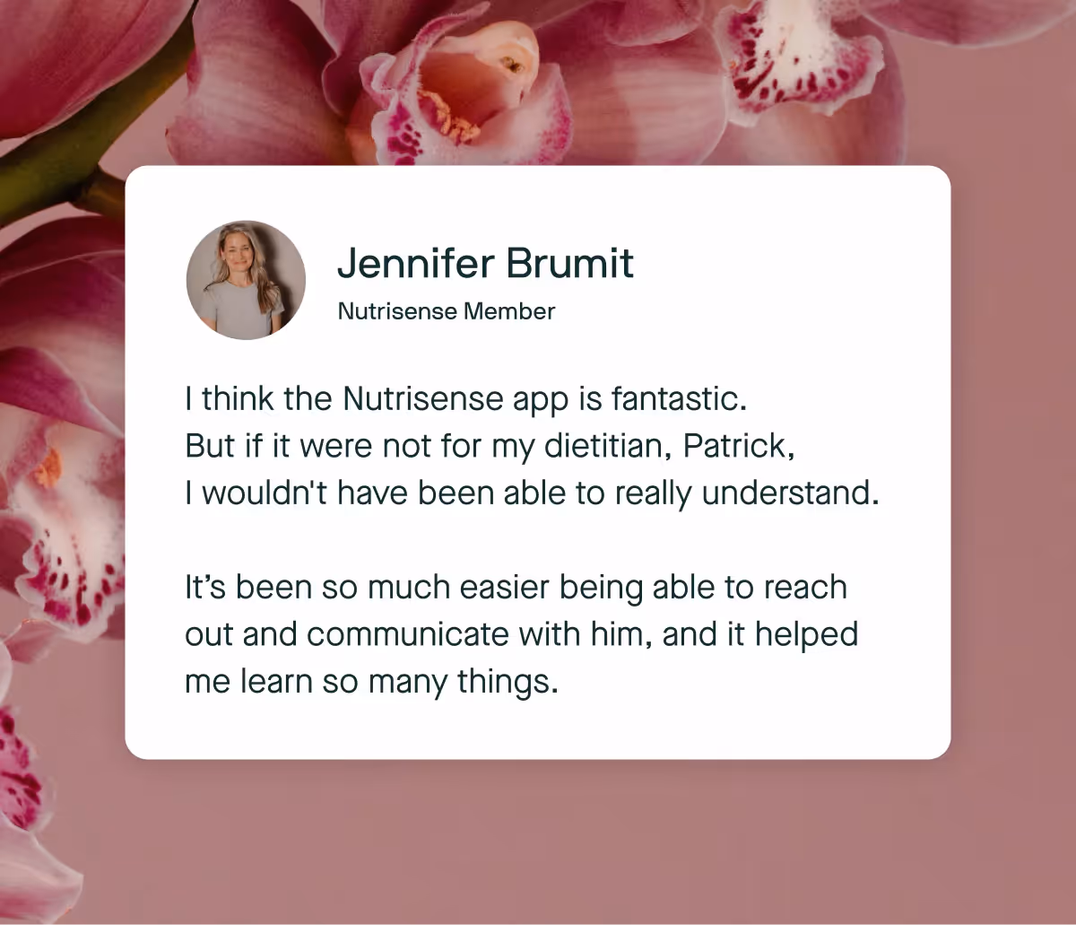 A graphic featuring a testimonial about the benefits of dietitian support for glucose monitoring.