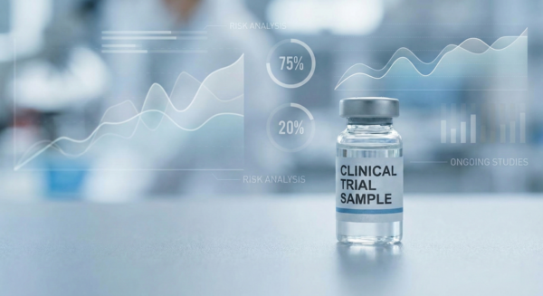 A medical vial and digital data visualization representing clinical trial results.
