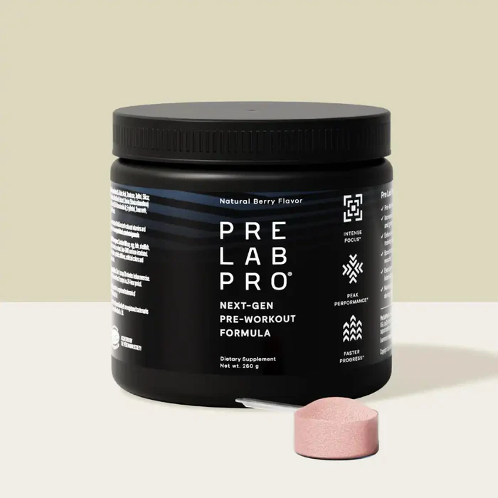 A container of Pre Lab Pro beetroot-based pre-workout supplement.