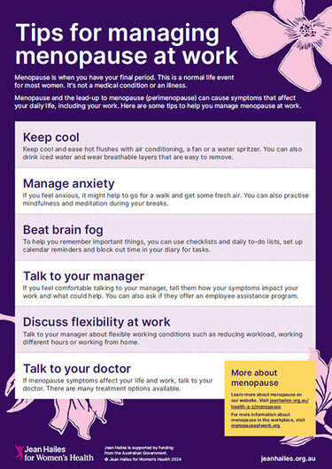 An educational poster displayed in a workplace setting titled Menopause at Work.