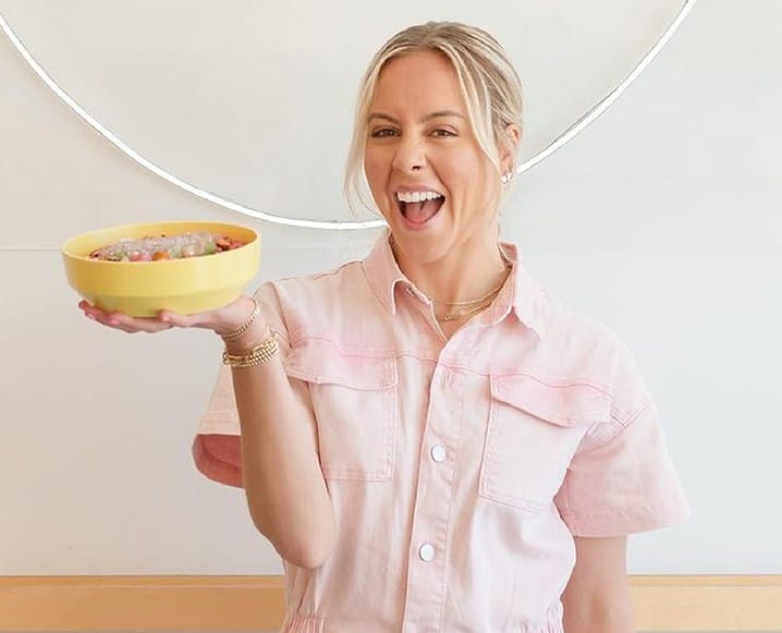Graphic text overlay regarding $2000 pizzas and cashew cream cheese with Chef Bae.