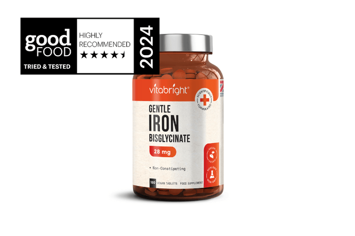 A bottle of Vitabright Gentle Iron Bisglycinate 28mg supplement.