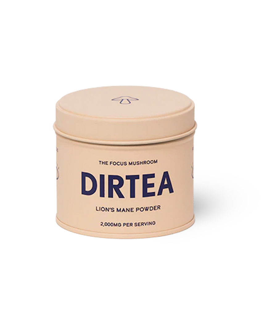 A jar of DIRTEA Lion’s Mane functional mushroom powder.