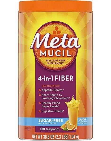 Metamucil 4-in-1 Psyllium Fiber Supplement orange-labeled container.