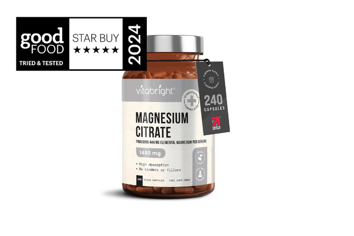 A bottle of Vitabright magnesium citrate capsules.