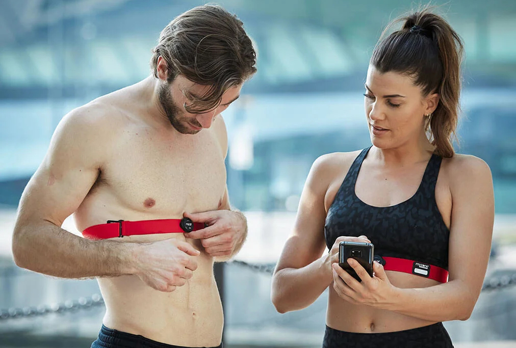 The MyZone Switch heart rate monitor which can be worn on the wrist, arm, or chest.