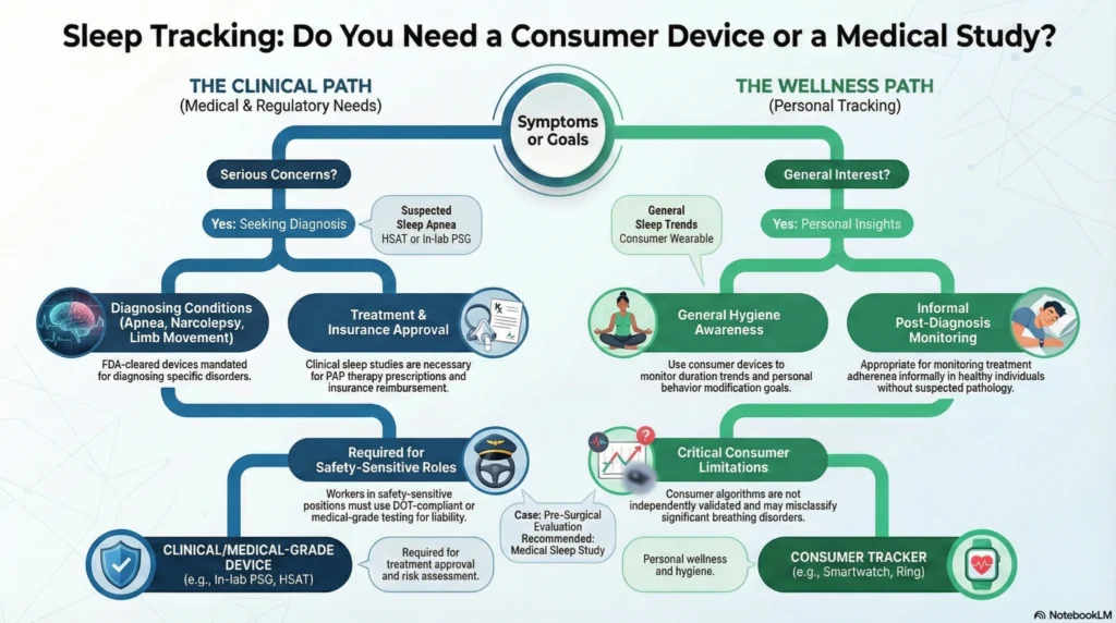 A flowchart comparing features of consumer sleep trackers versus medical-grade polysomnography and sleep studies.