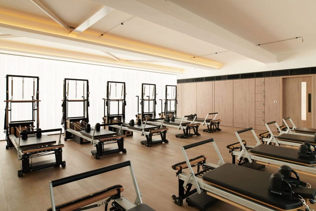 Modern Pilates equipment and reformer beds inside the luxury Nobu Hotel London Portman Square.