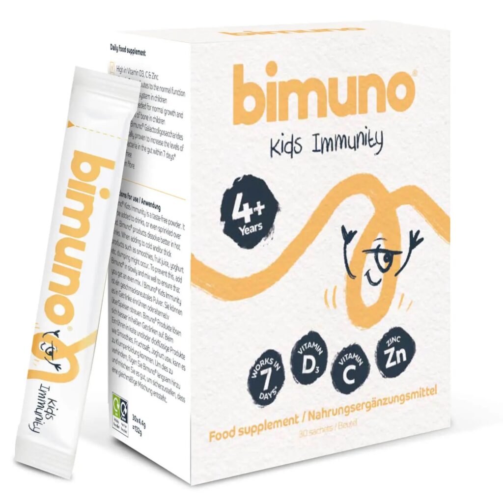 Packaging of Bimuno Kids Immunity prebiotic supplement designed for children.