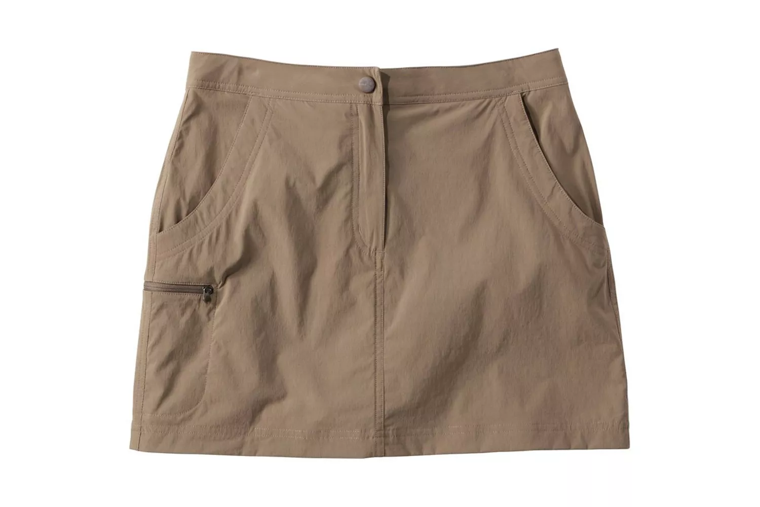 Flat lay of a tan-colored trail skirt featuring prominent zippered pockets.