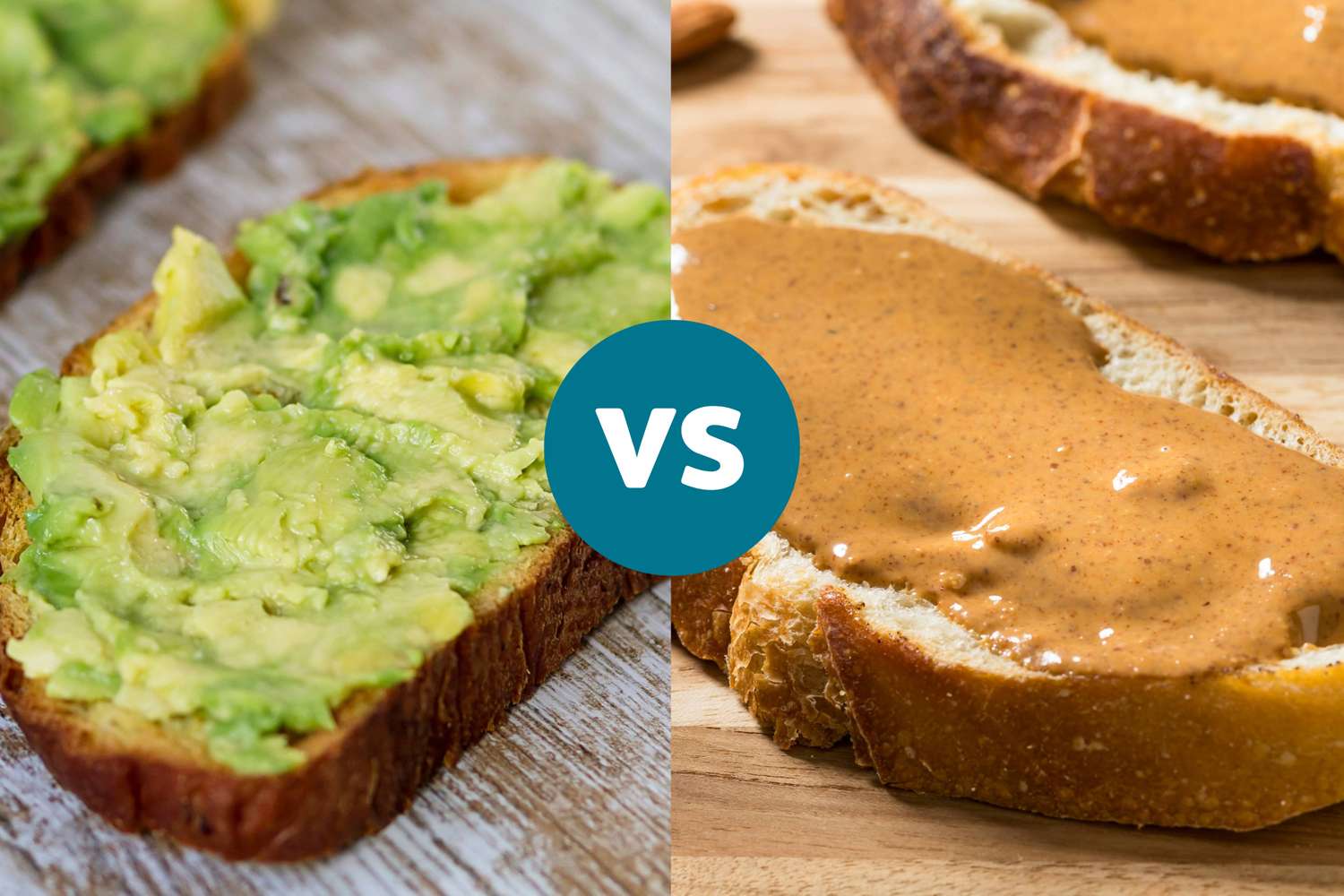 A split-screen comparison showing a slice of avocado toast topped with seeds and a slice of almond butter toast.