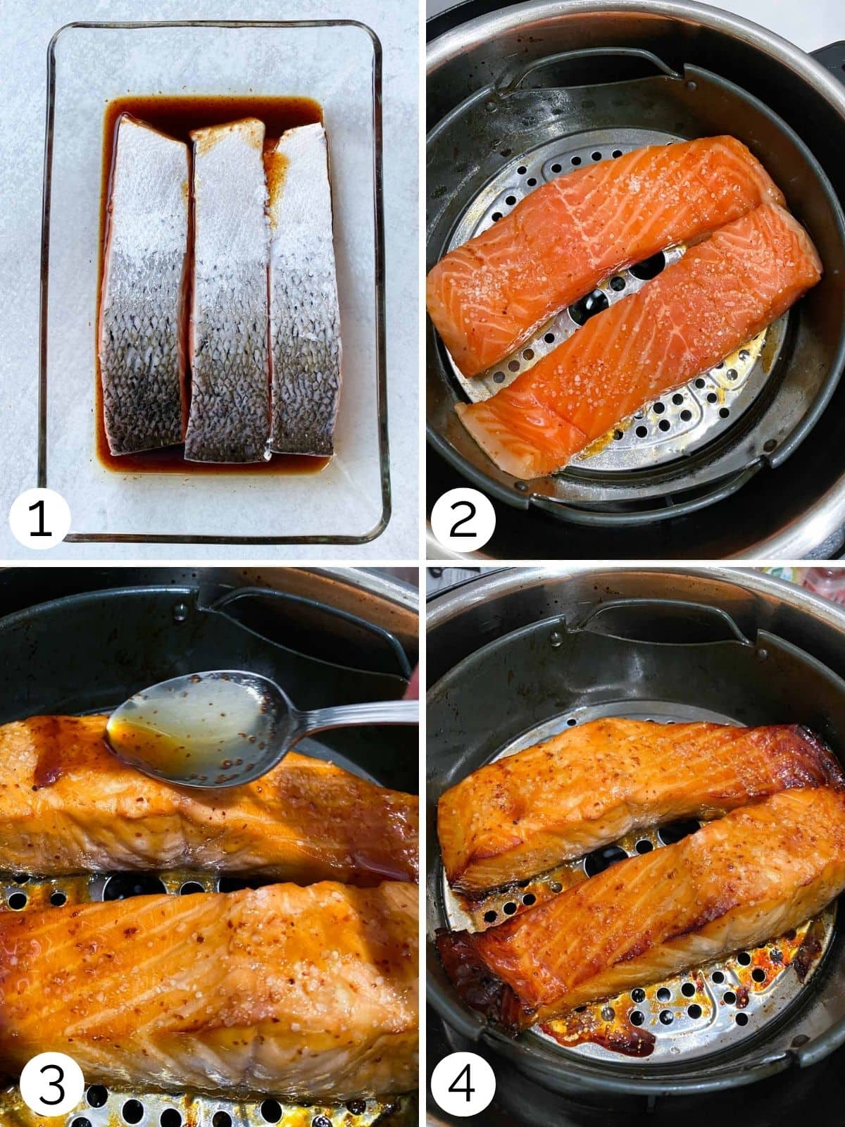 Salmon fillets seasoned and placed inside a modern air fryer basket.