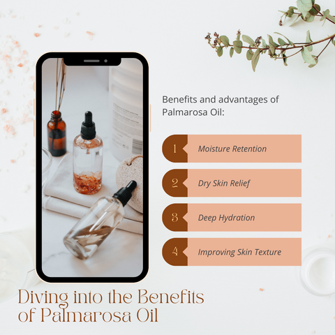 A conceptual image highlighting the diverse skincare benefits of palmarosa essential oil.