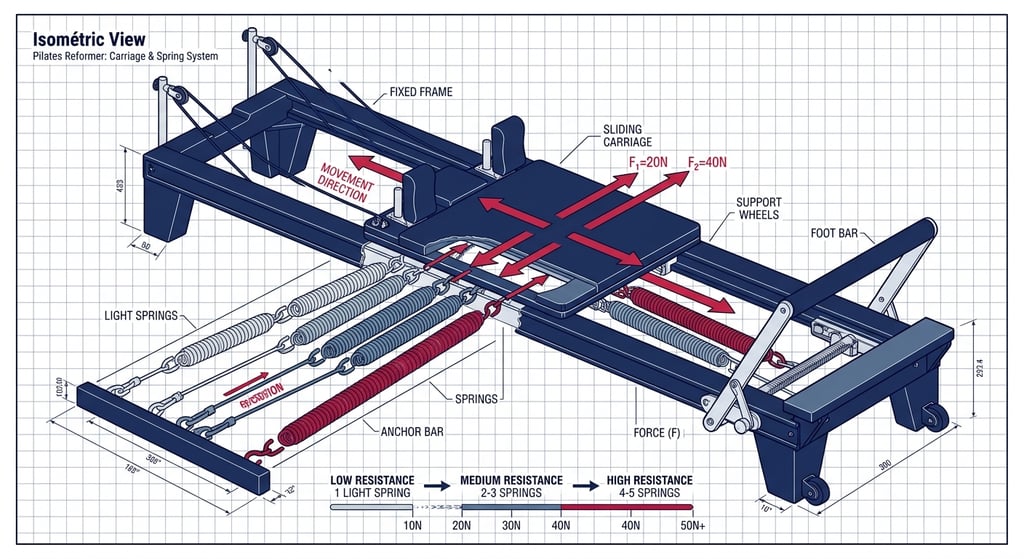 Technical engineering diagram of a Pilates reformer's spring and pulley system.
