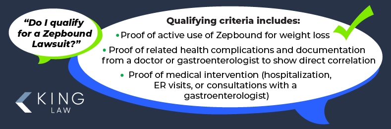 Infographic showing speech bubbles that explain the specific criteria required to qualify for a Zepbound-related legal claim.