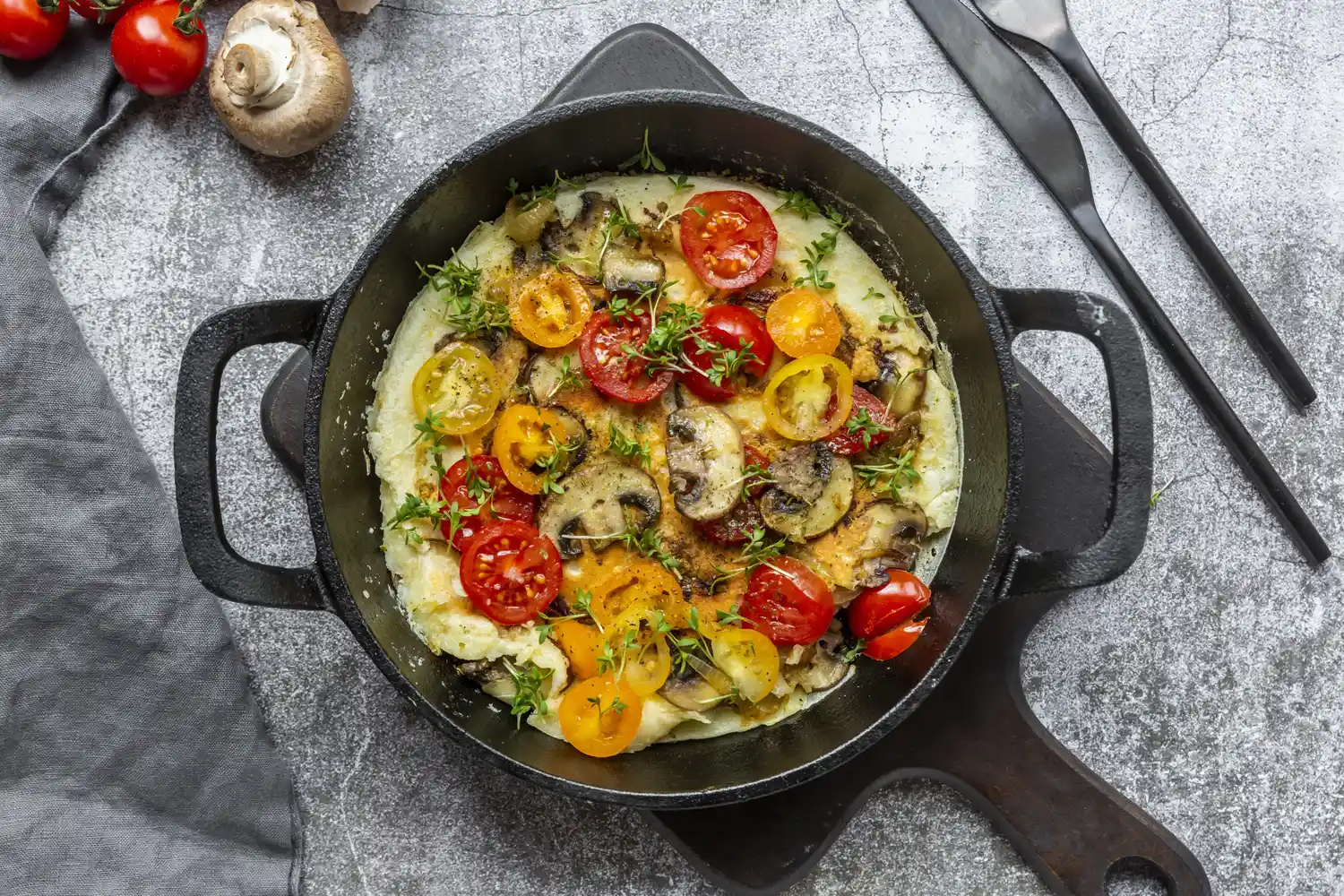A vegetable frittata with tomatoes and mushrooms served in a cast-iron skillet.