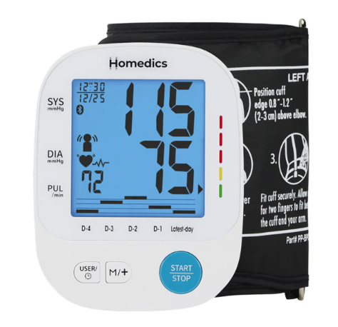 A blood pressure monitor featuring a '5-Day Trend-at-a-Glance' bar graph on its display.