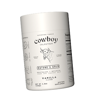 A jar of Cowboy Colostrum positioned as a lifestyle wellness product.