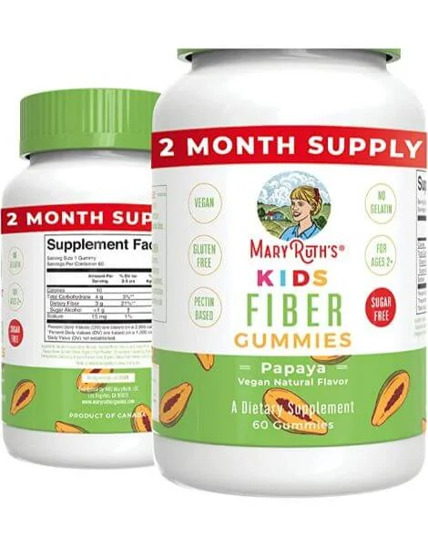 Mary Ruth's Organics Kids Fiber Gummies bottle with fruity illustrations.