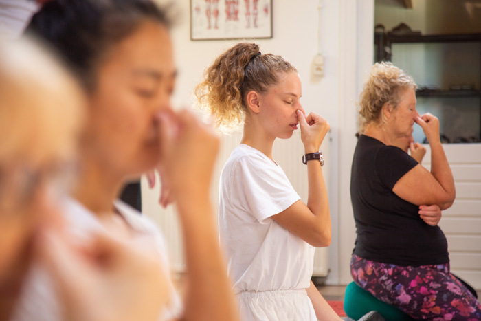 Yoga practitioners using their hands to perform alternate nostril breathing.