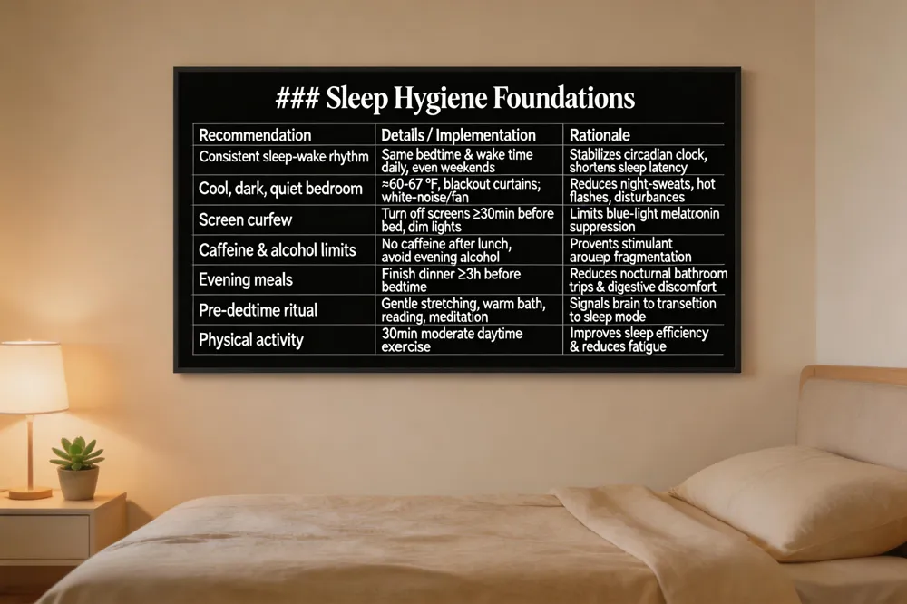 An infographic detailing the pillars of sleep hygiene specifically tailored for women in menopause.