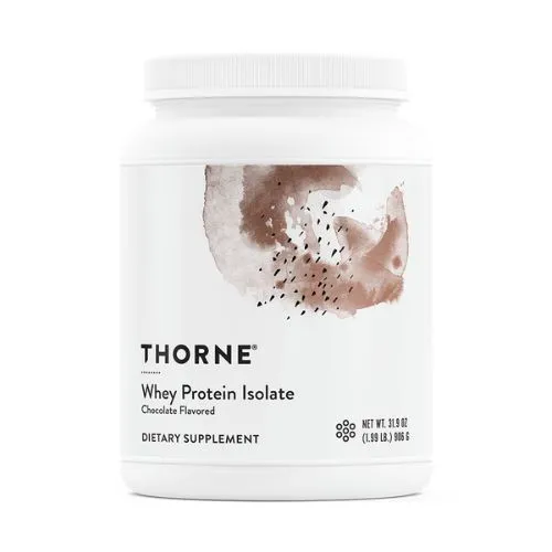 A container of Thorne Whey Protein Isolate chocolate flavor on a clean surface.