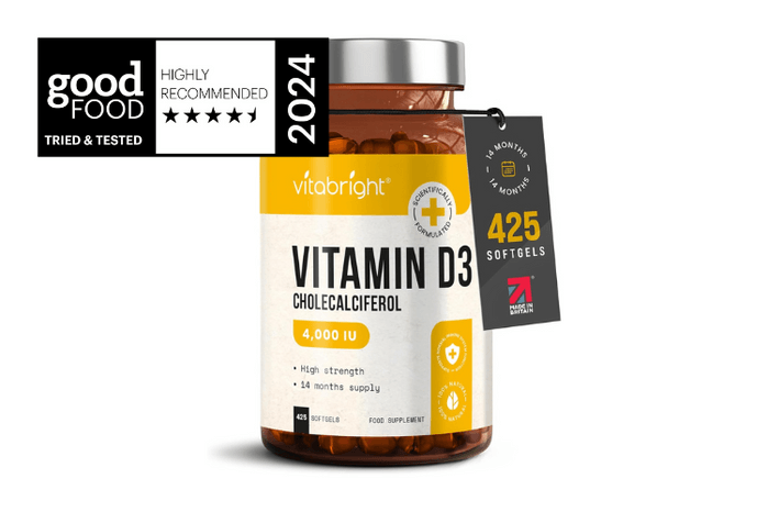 A white bottle of Vitabright Vitamin D3 supplement.