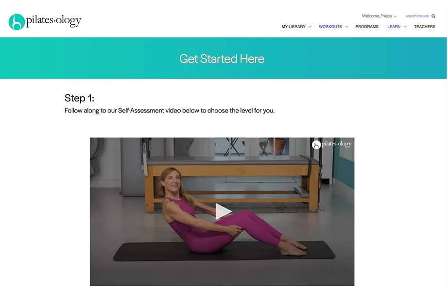 A mobile interface for a Pilates app showing a getting started guide.