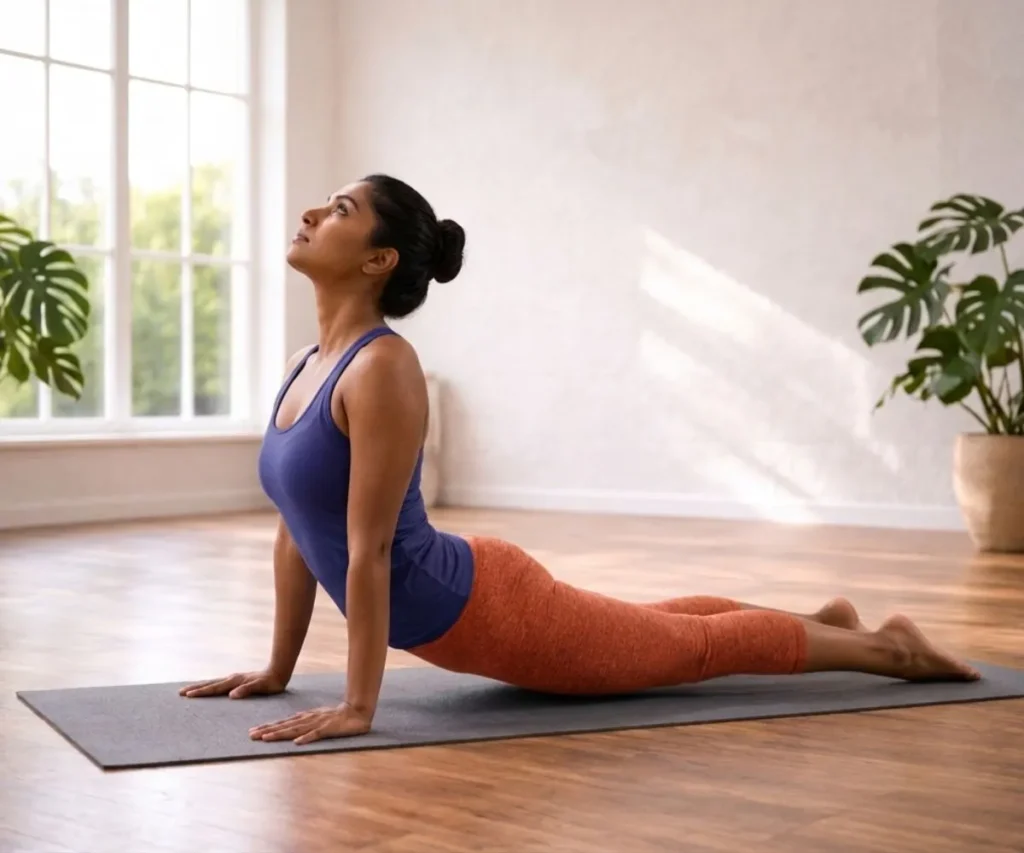 A woman performing Cobra Pose (Bhujangasana) on a yoga mat, lifting her chest while keeping her pelvis grounded.