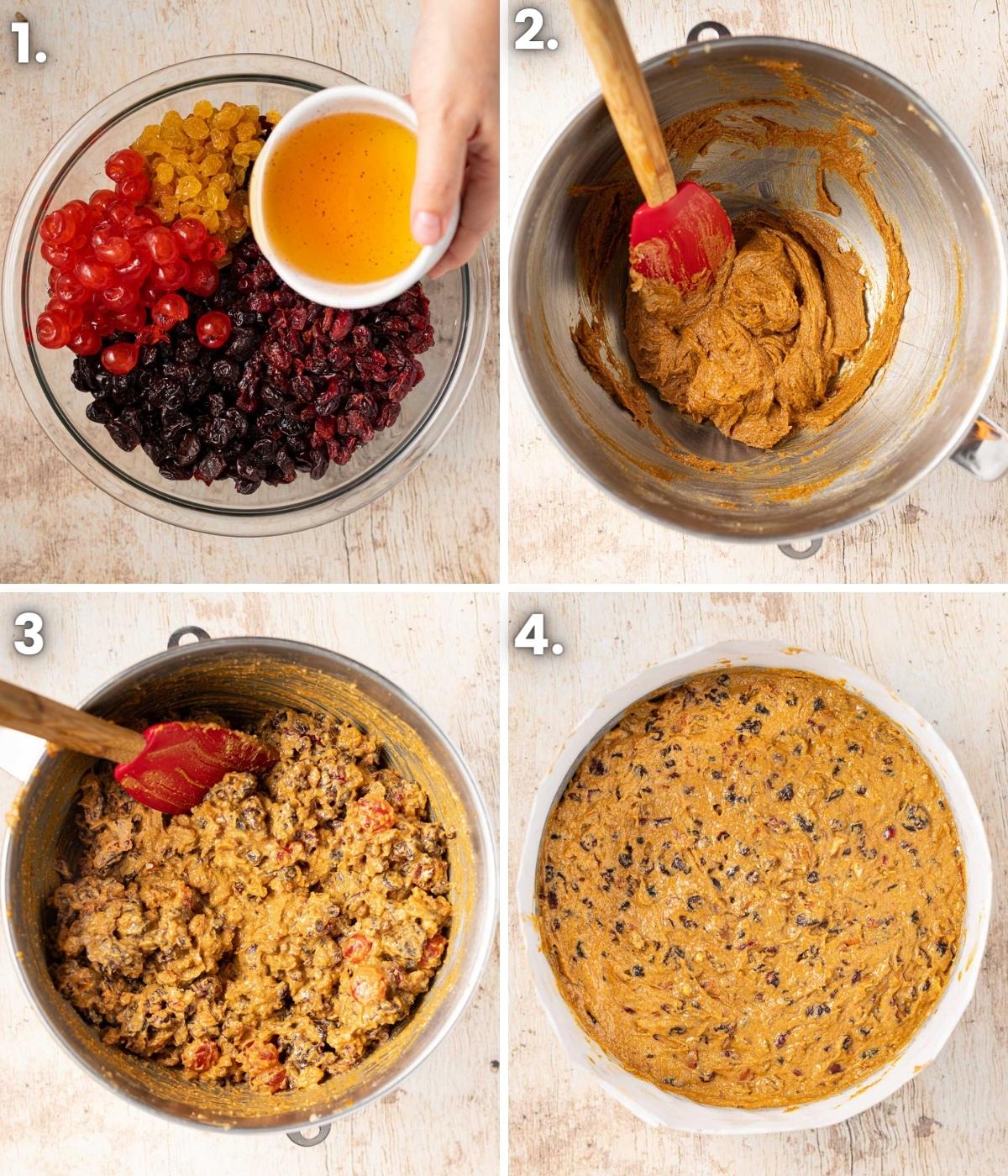 Process photos showing the stages of making vegan Christmas fruit cake from soaking to mixing.