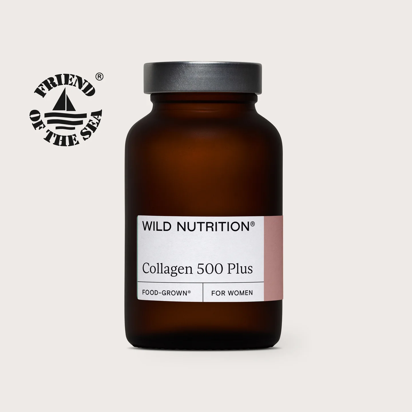 Packaging for Wild Nutrition Collagen 500 Plus, highlighting its focus on bioavailability.