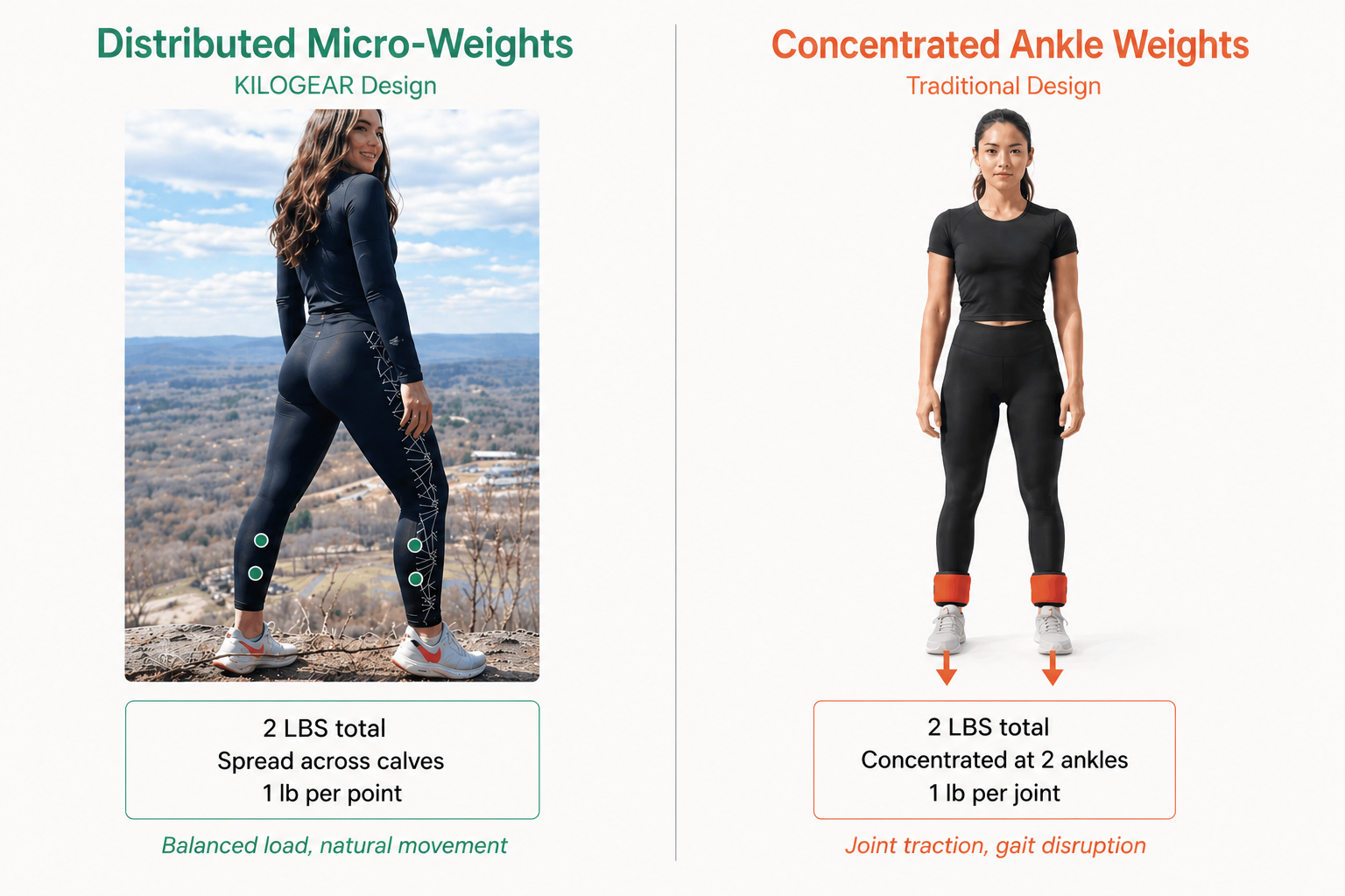 Diagram showing how concentrated ankle weights pull on joints versus distributed muscle loading
