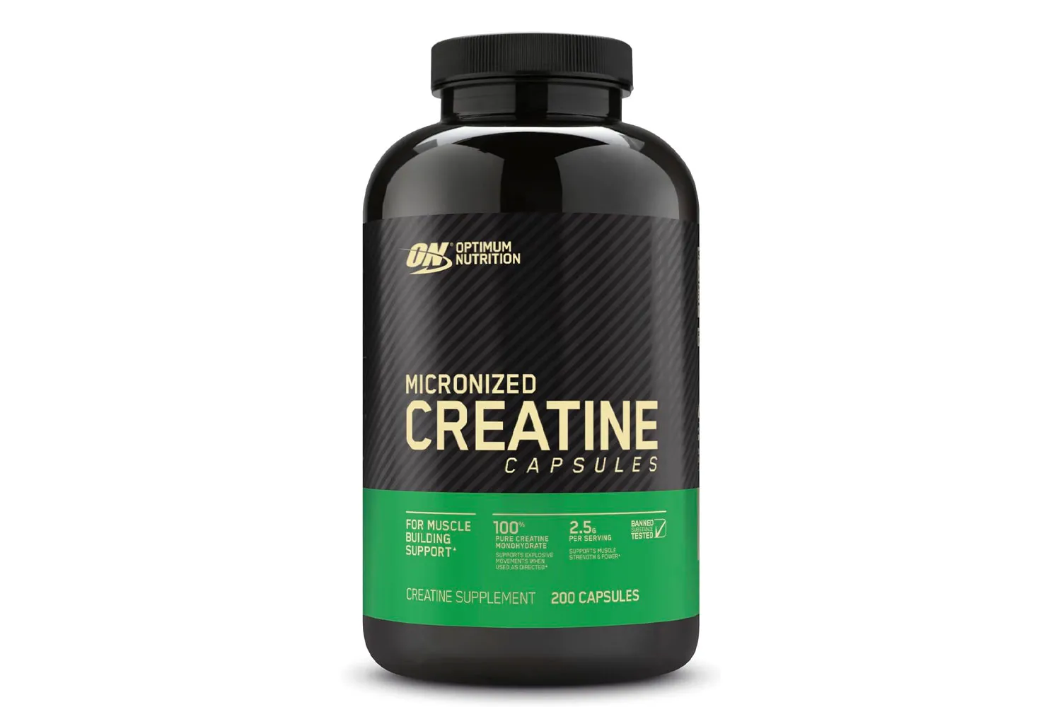 Optimum Nutrition Micronized Creatine Capsules in a black bottle.