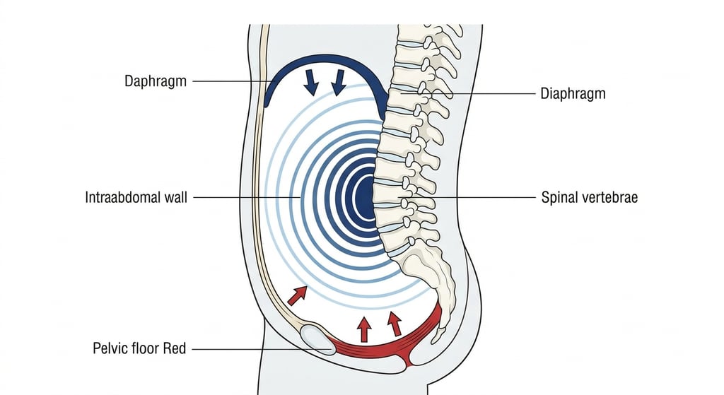 Cross-section diagram illustrating the coordination between the diaphragm and pelvic floor to create intra-abdominal pressure.