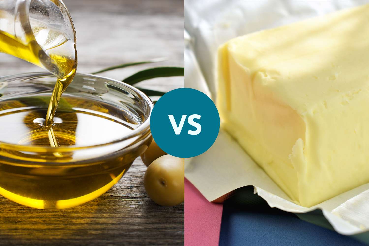 Comparison display of liquid olive oil and a solid block of butter.