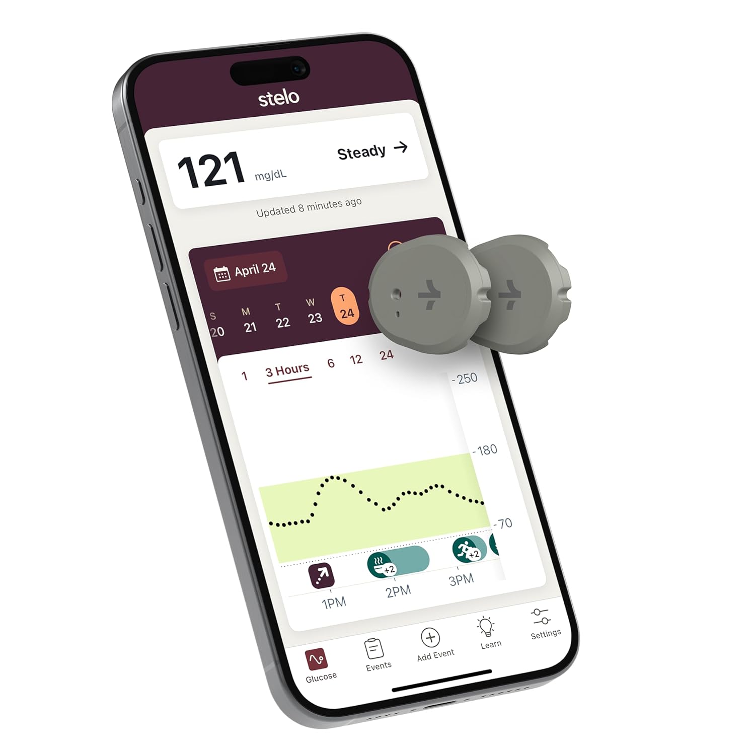 The Dexcom Stelo sensor packaging and mobile app showing glucose trends.