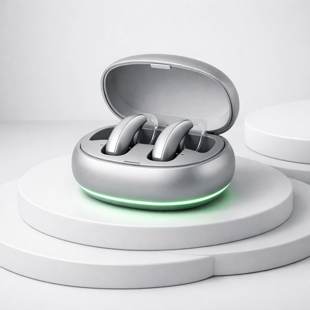 Close-up of Widex MOMENT SmartRIC hearing aids sitting in a portable charging case.