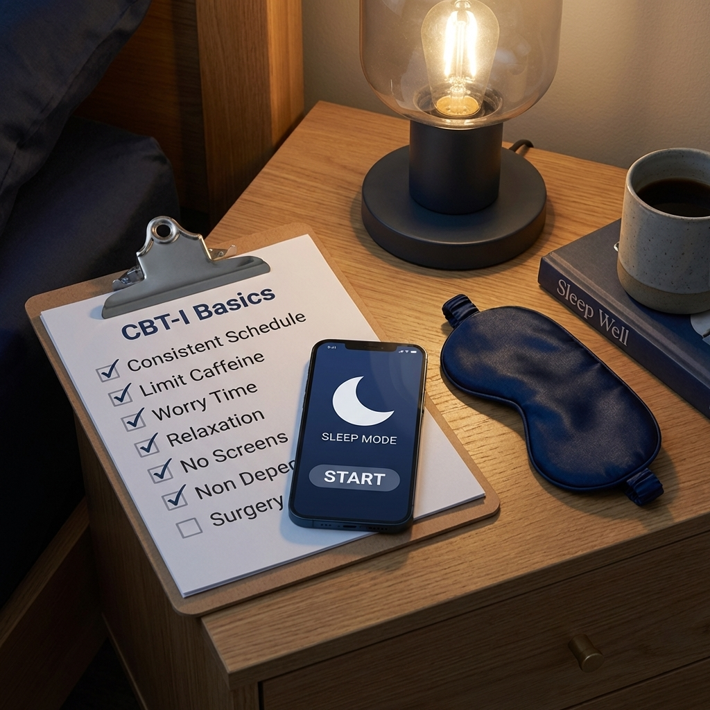 A sleep hygiene checklist on a clipboard accompanied by medical and wellness icons.