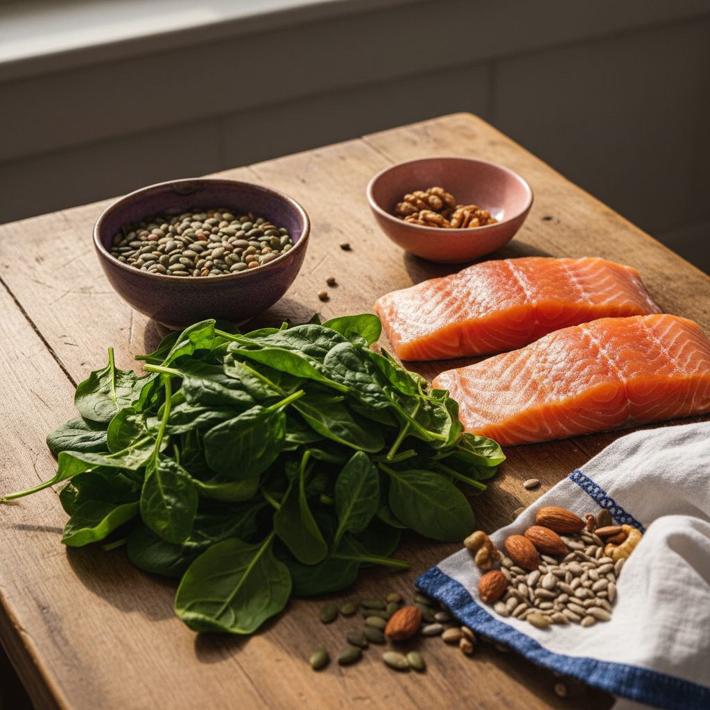 Assortment of fresh spinach, salmon, seeds, and nuts representing essential fertility nutrients.