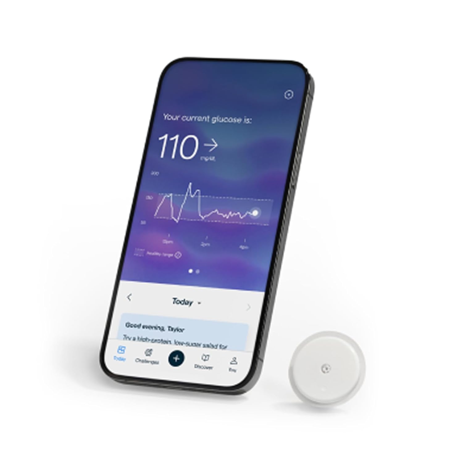 Abbott Lingo sensor next to a smartphone displaying a coaching app with metabolic scoring.
