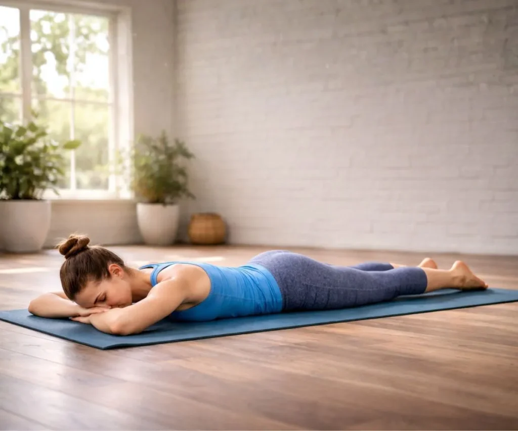 A practitioner resting in Crocodile Pose (Makarasana) with head resting on crossed arms.