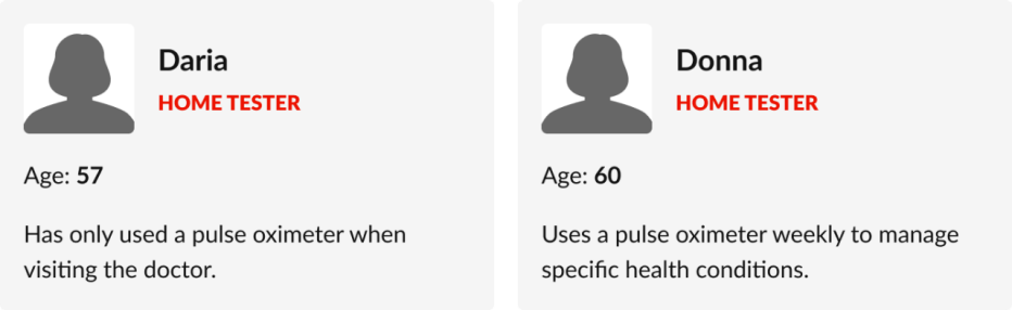 Two people comparing and testing different home pulse oximeter devices side-by-side.
