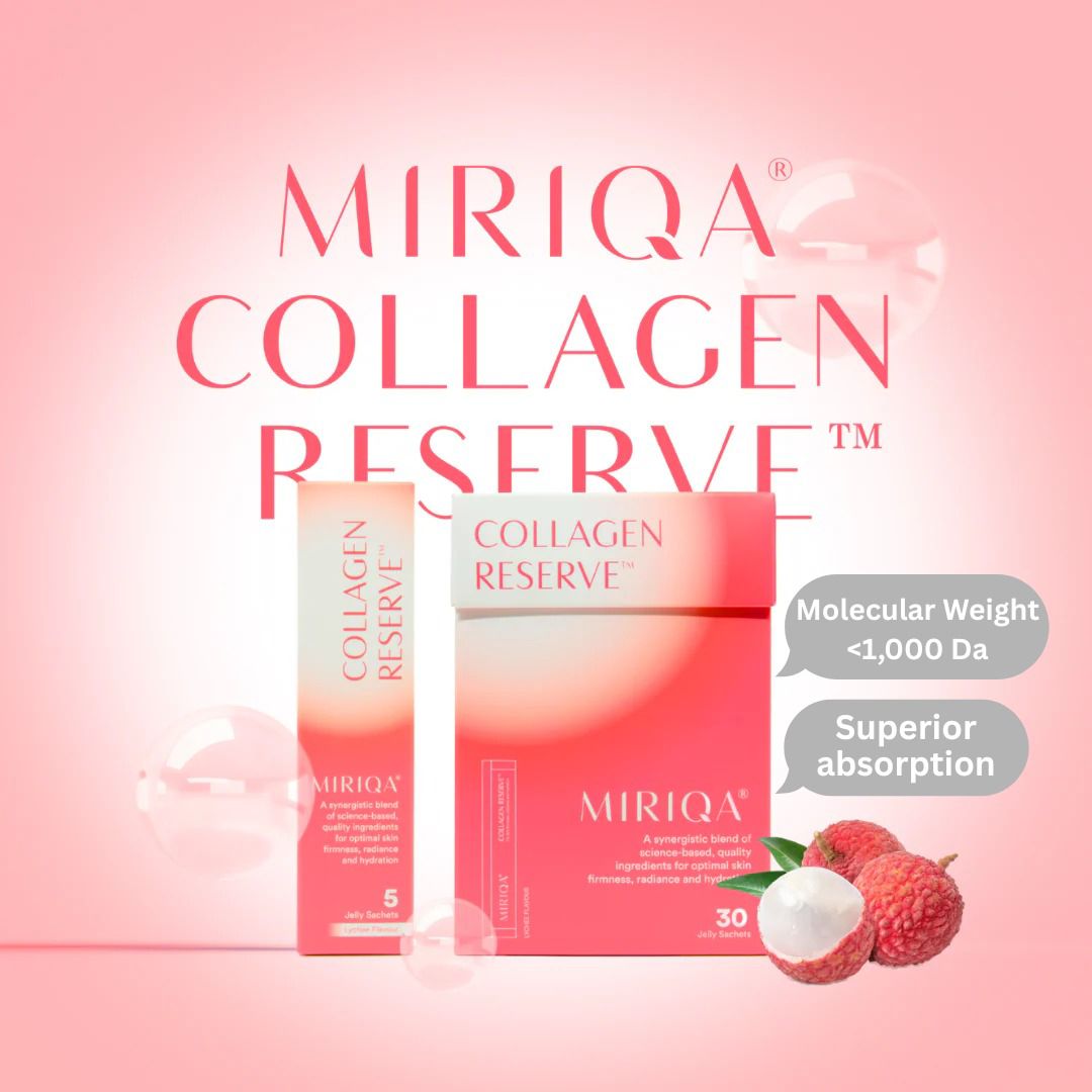 MIRIQA Collagen Reserve product banner emphasizing ultra-small Dalton size.