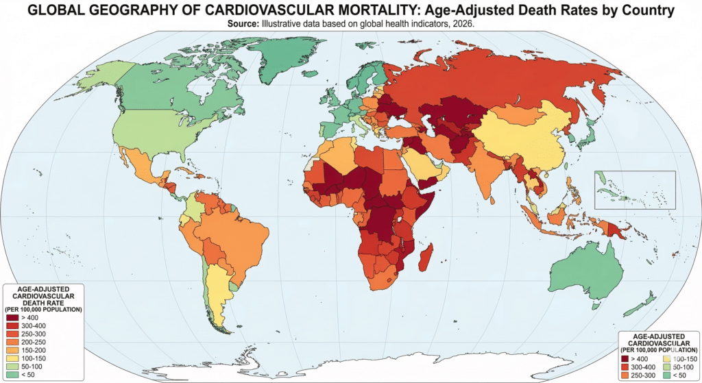 World map illustrating age-adjusted cardiovascular death rates across different countries.