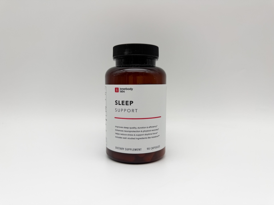 Innerbody Labs Sleep Support supplement bottle on a clean countertop.