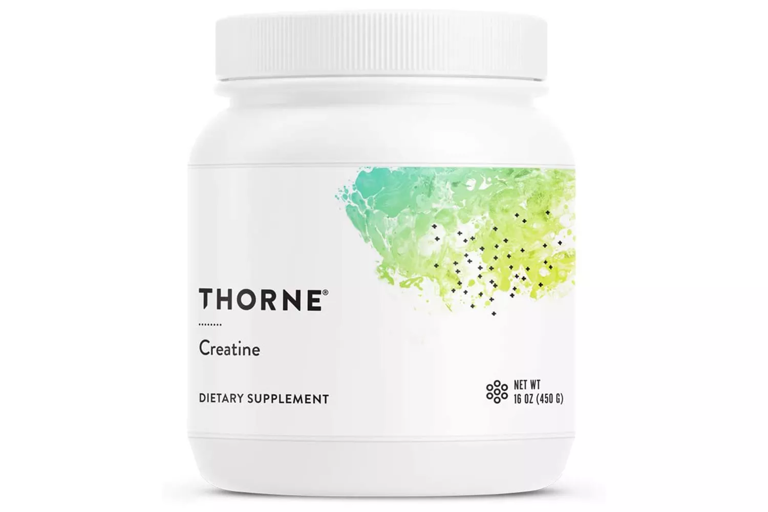 A white container of Thorne Creatine powder with green branding.