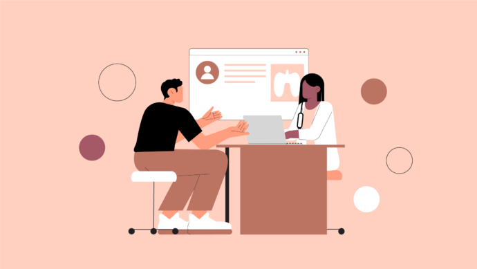 Illustration of a doctor and patient in an equal, collaborative discussion about health solutions.