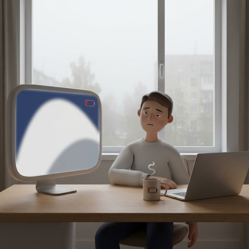 An exhausted office worker slumped over their desk with a low-battery icon graphic overlay.